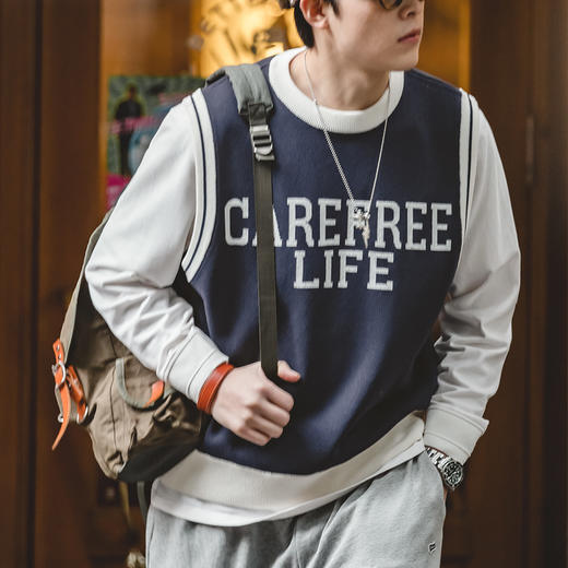 马登学院风情侣针织马甲背心圆领套头毛衣无袖叠穿上衣春季 商品图6