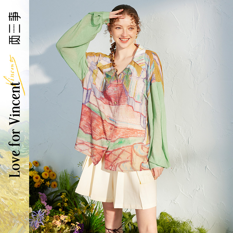 两三事梵高艺术花野芳菲 春季新款油画印花露背雪纺衬衫女宽松