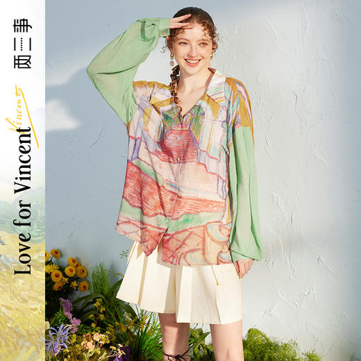 两三事梵高艺术花野芳菲 春季新款油画印花露背雪纺衬衫女宽松 商品图0