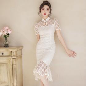 春夏季新款中国风，新式少女蕾丝旗袍鱼尾复古旗袍连衣裙BJS-5301