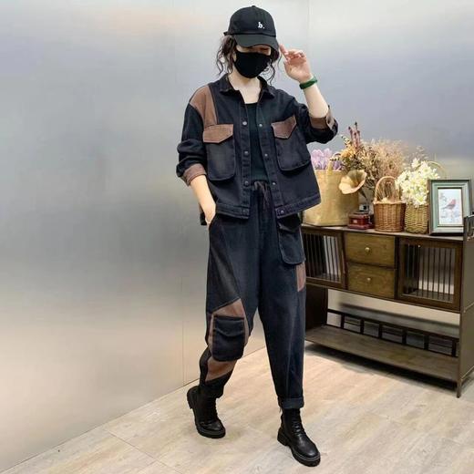 XS-98563套装牛仔外套女2023春秋新款潮流百搭宽松两件套拉链哈伦裤子韩版 商品图7