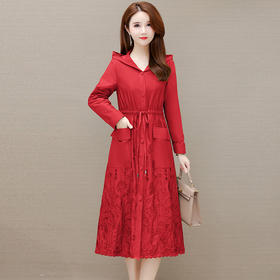 修身大码，中长款连帽气质优雅时尚大衣刺绣风衣外套QYM-WL22A20