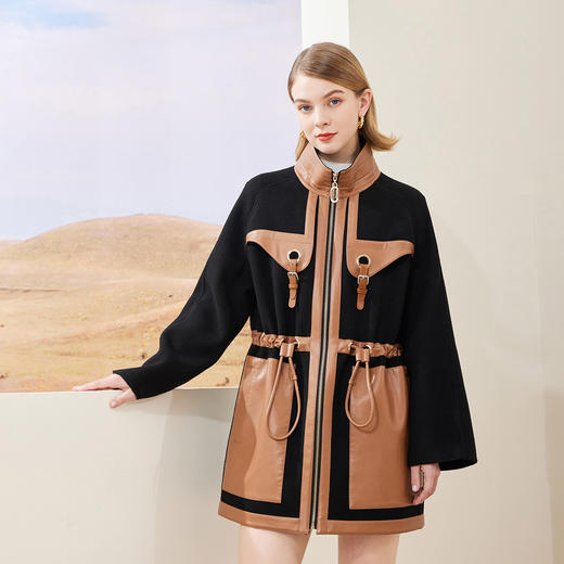 MD911斯尔丽瑟俪2022年冬上新拼皮中长款帅气大衣 商品图0