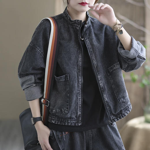 XS-98563套装牛仔外套女2023春秋新款潮流百搭宽松两件套拉链哈伦裤子韩版 商品图2