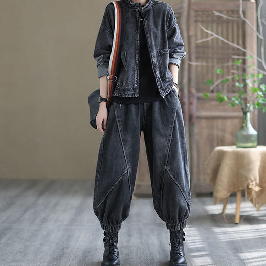 XS-98563套装牛仔外套女2023春秋新款潮流百搭宽松两件套拉链哈伦裤子韩版 商品图5