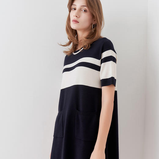 【100%羊毛连衣裙】23年春夏新品女士中长款条纹短袖针织连衣裙 商品图2