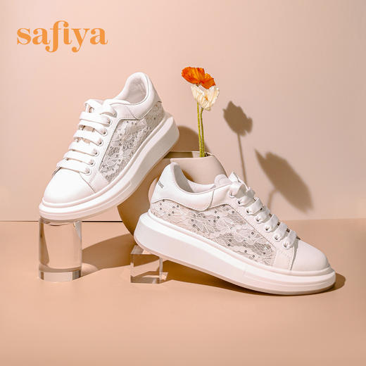 Safiya/索菲娅 春夏蕾丝网面2023年春季新款透气增高厚底休闲板鞋 SF31112016 商品图3