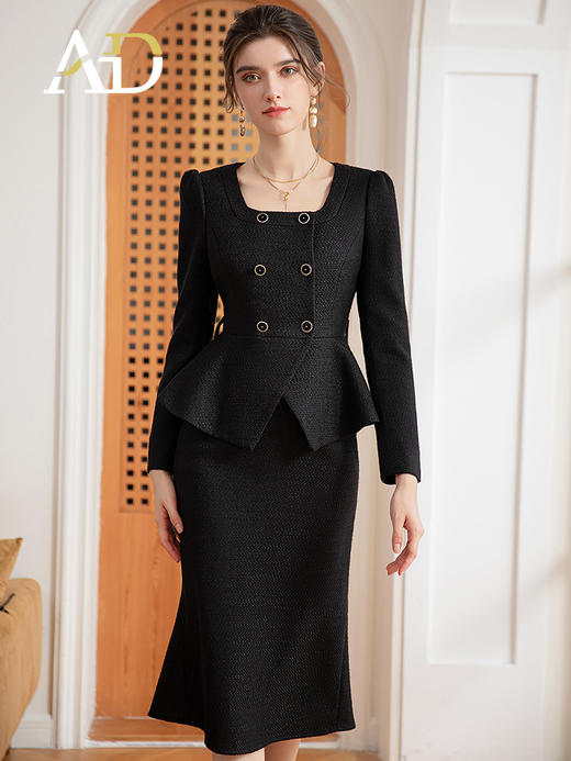 AD法式方领气质名媛两件套女韩版时尚粗花呢小香风西装套装包臀裙 商品图1