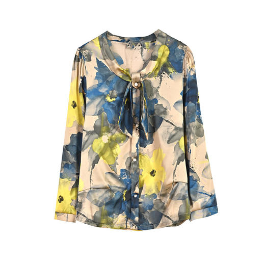 MZSMZ0334 2023蝴蝶结系带长袖缎面雪纺衫女小领结宽松显瘦套头衬衫气质上衣 商品图4