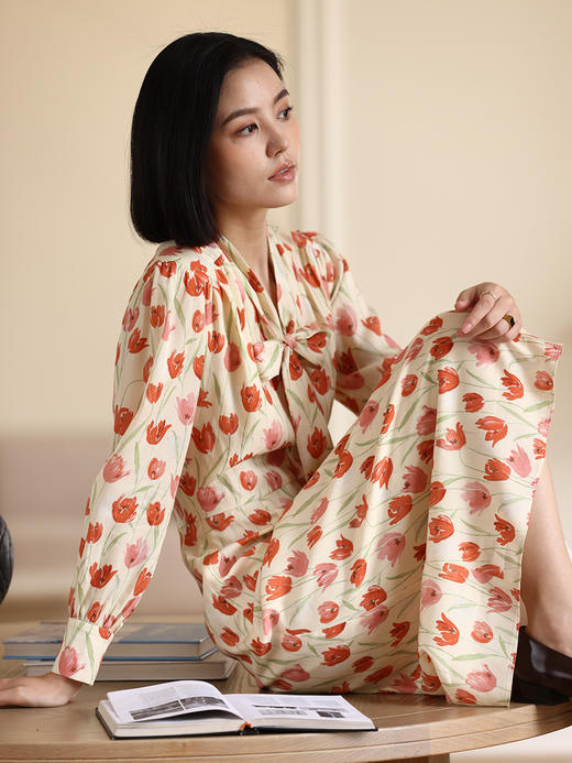 HeyDress郁金香印花连衣裙女春季法式系带温柔气质显瘦莱赛尔裙子 商品图3