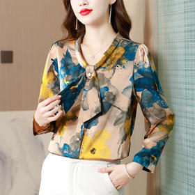 MZSMZ0334 2023蝴蝶结系带长袖缎面雪纺衫女小领结宽松显瘦套头衬衫气质上衣