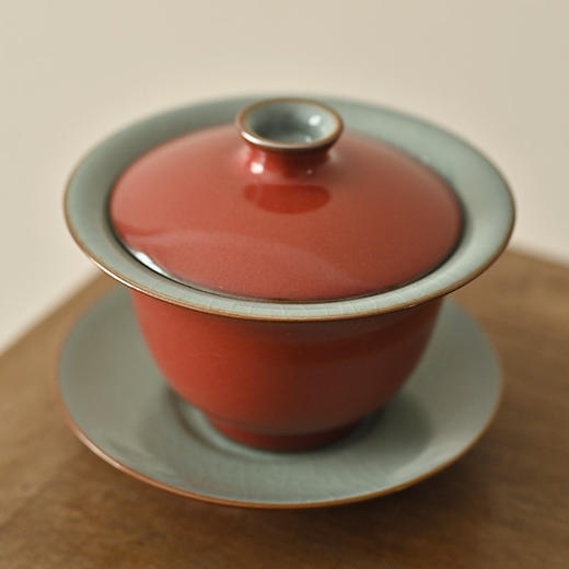 「景德镇纯手拉坯豇豆红官汝窑开片可养三才盖碗」陶瓷泡茶碗 沉稳压手 商品图0