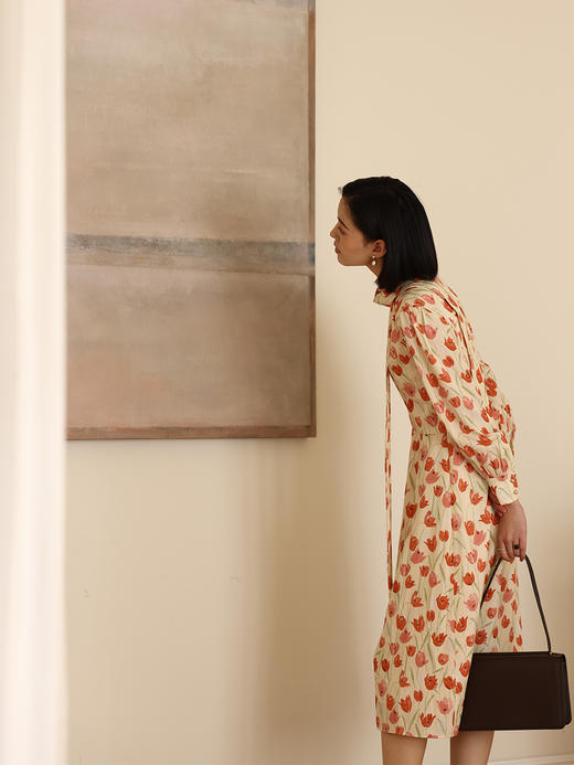 HeyDress郁金香印花连衣裙女春季法式系带温柔气质显瘦莱赛尔裙子 商品图0