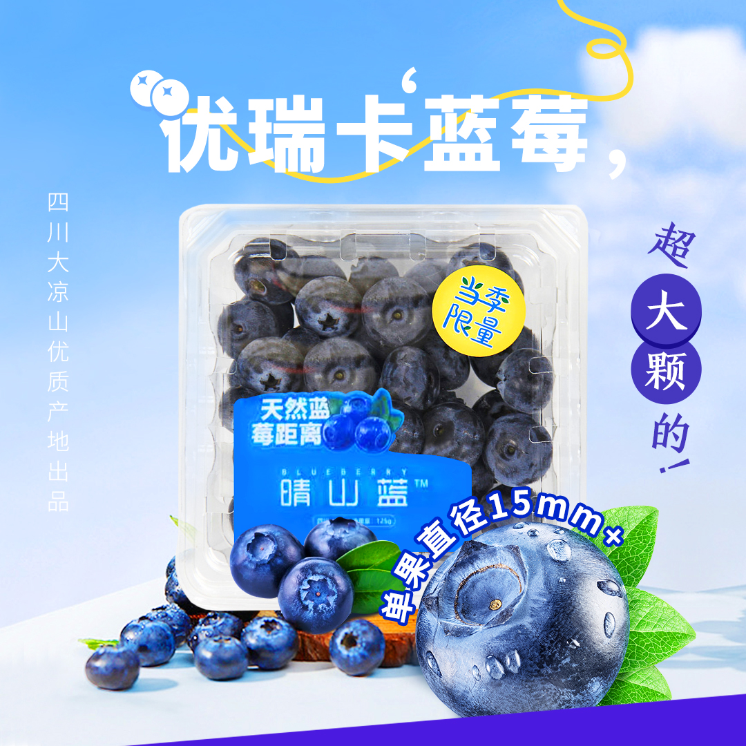 【4月3日客服中心自提】蓝莓大果装 优瑞卡15-18mm 三盒/五盒装