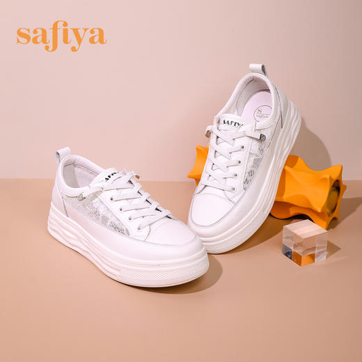 【一件279】Safiya/索菲娅 新潮溶解底2023年春季新款透气蕾丝网面增高小白鞋 SF31112055 商品图5