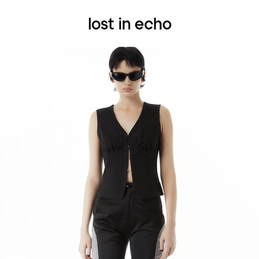lost in echo设计师品牌Ari系列褶皱V领修身黑色无袖上衣马甲甜酷 商品图0