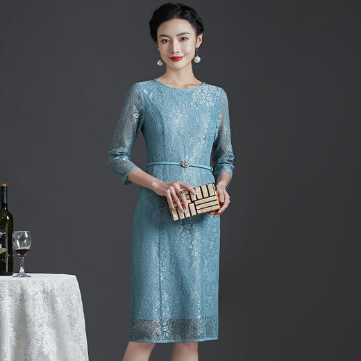 蕾丝绣花浅蓝色七分袖日常连衣裙DY-Q6216 商品图2