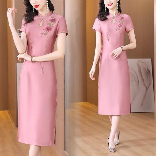 AHMzne9752 2023年春夏新款珠片刺绣真丝醋酸时尚礼服敬酒服改良旗袍连衣裙女 商品图1