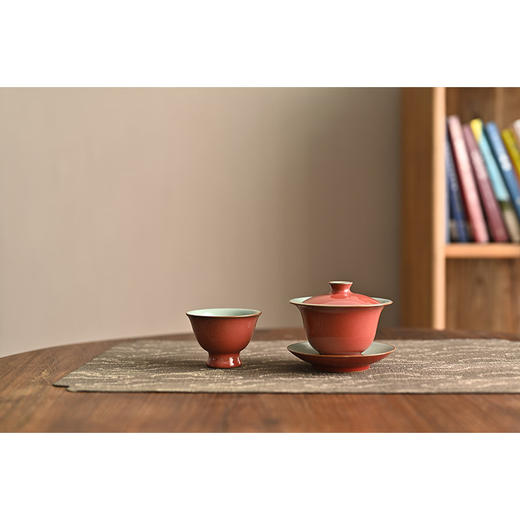 「景德镇纯手拉坯豇豆红官汝窑开片可养三才盖碗」陶瓷泡茶碗 沉稳压手 商品图3