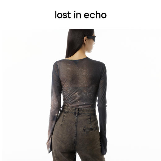 lost in echo设计师品牌Aliz系列小众印花网纱长袖打底连体衣T恤 商品图1