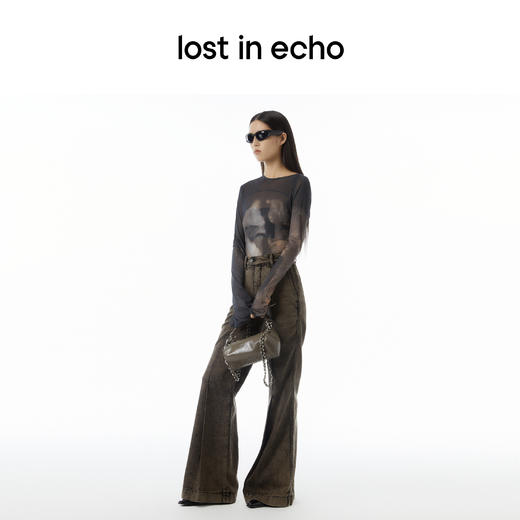 lost in echo设计师品牌Aliz系列小众印花网纱长袖打底连体衣T恤 商品图3
