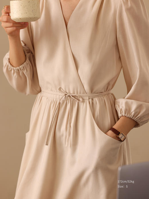 HeyDress莱赛尔连衣裙女春季法式V领宽松收腰显瘦感气质裙子 商品图2