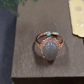 S925银托和田玉烟紫蛋面戒指-镂空花边