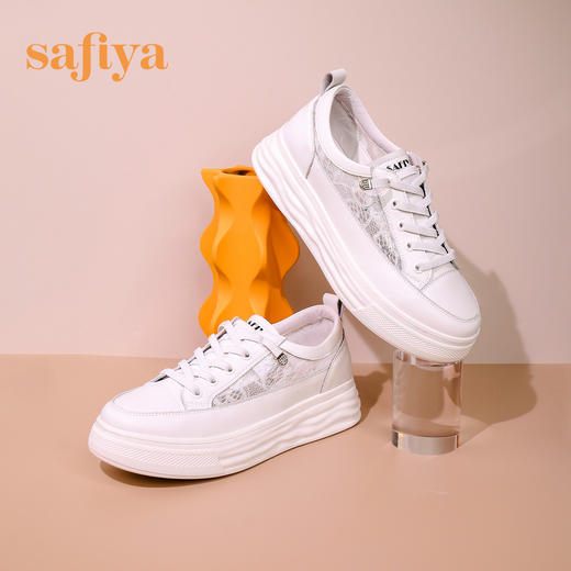 【一件279】Safiya/索菲娅 新潮溶解底2023年春季新款透气蕾丝网面增高小白鞋 SF31112055 商品图4