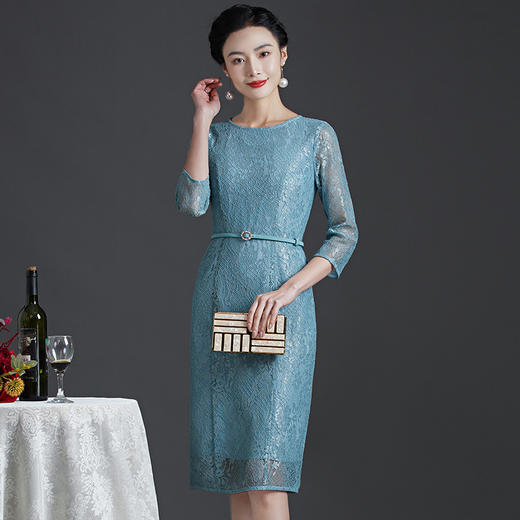 蕾丝绣花浅蓝色七分袖日常连衣裙DY-Q6216 商品图1