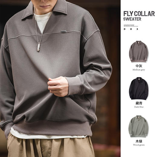工装优选 美式复古华夫格V领polo衫卫衣宽松套头百搭翻领上衣男春 商品图0