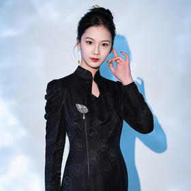 荷言HEYEN 故人入梦 黑色交织兔子提花罗面料+复古小羊腿袖+珠绣叶形装饰胸花+镂空菱形领口后开叉设计纯手定制工旗袍 定制不退换