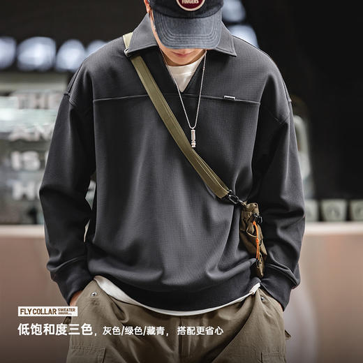 工装优选 美式复古华夫格V领polo衫卫衣宽松套头百搭翻领上衣男春 商品图3