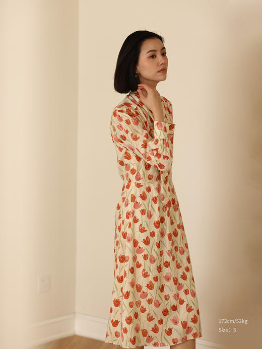 HeyDress郁金香印花连衣裙女春季法式系带温柔气质显瘦莱赛尔裙子 商品图1