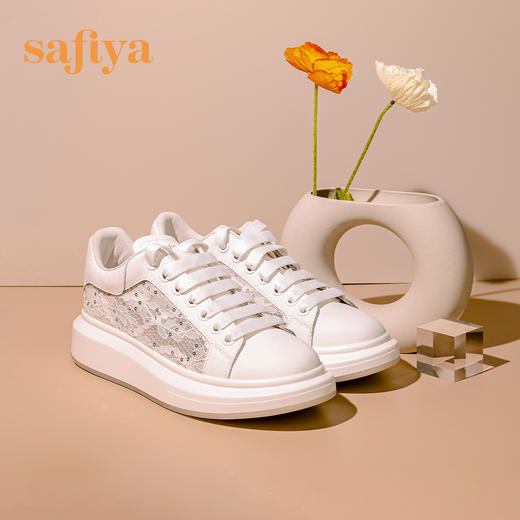 Safiya/索菲娅 春夏蕾丝网面2023年春季新款透气增高厚底休闲板鞋 SF31112016 商品图5
