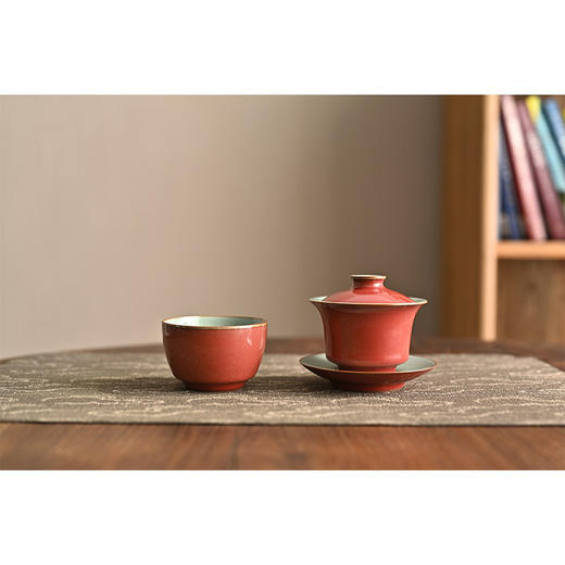 「景德镇纯手拉坯豇豆红官汝窑开片可养三才盖碗」陶瓷泡茶碗 沉稳压手 商品图2