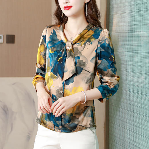 MZSMZ0334 2023蝴蝶结系带长袖缎面雪纺衫女小领结宽松显瘦套头衬衫气质上衣 商品图2