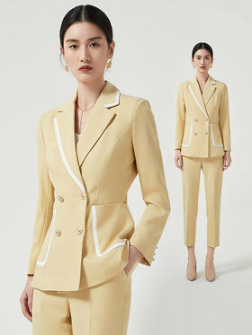 IWY/时尚西服西装套装女撞色高级设计感播音主持人上镜正装黄色工作服CP12103