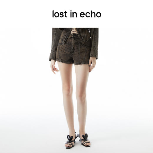 lost in echo设计师品牌Ari系列雪花重工水洗压线牛仔短裤 商品图0