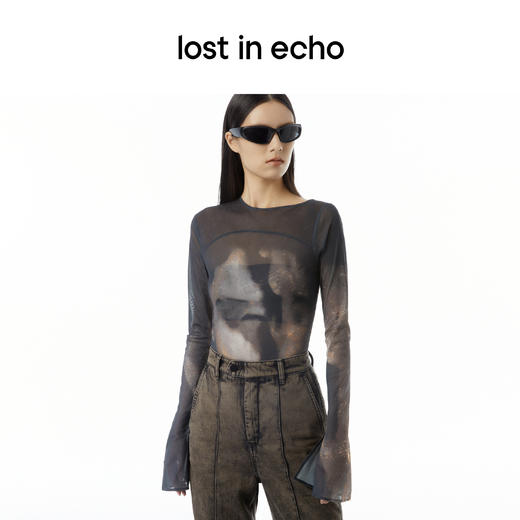lost in echo设计师品牌Aliz系列小众印花网纱长袖打底连体衣T恤 商品图0