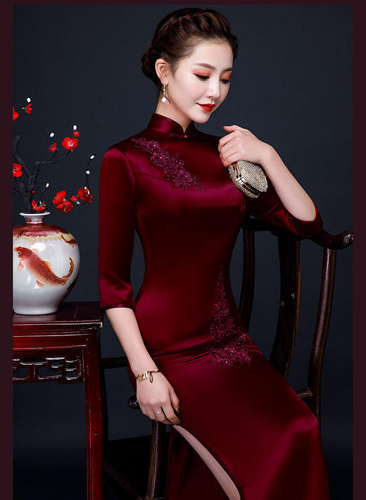 LHS-1009立体绣花洋气婚宴改良旗袍高贵优雅喜婆婆婚礼服春 商品图1