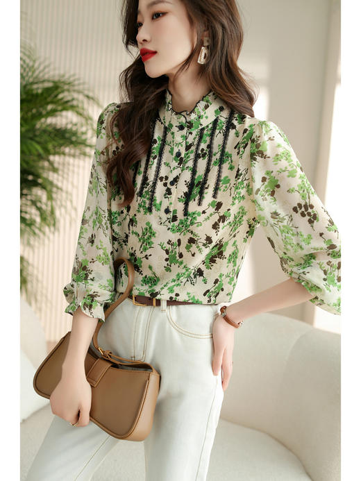 YY-QSLG23011小碎花长袖小立领衬衫女2023年春季新款气质雪纺衫洋气上衣简约 商品图2