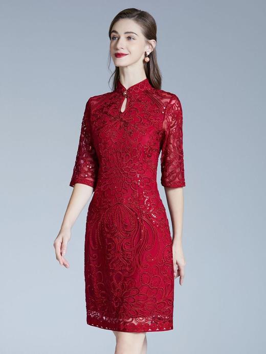 DNO-2IA8634-1网纱礼服婚宴红色小个婆婆大码连衣裙 商品图2