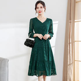 中长款印花拼接简约修身时尚A字裙V领气质连衣裙QYM-DD-QDY22A8733-L