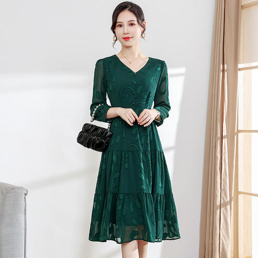 中长款印花拼接简约修身时尚A字裙V领气质连衣裙QYM-DD-QDY22A8733-L 商品图0
