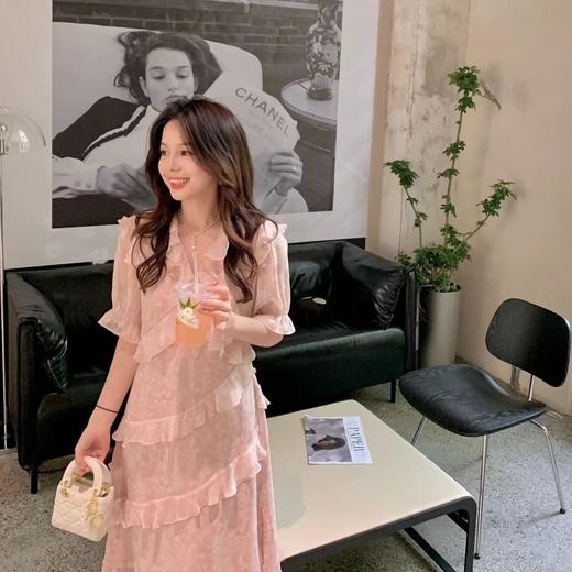 金蘑菇菇【粉色旋律】v领设计木耳边短袖连衣裙 商品图2