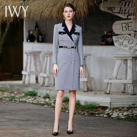 雾霾蓝连衣裙女职业套装主持人面试正装气质收腰西装裙Q837