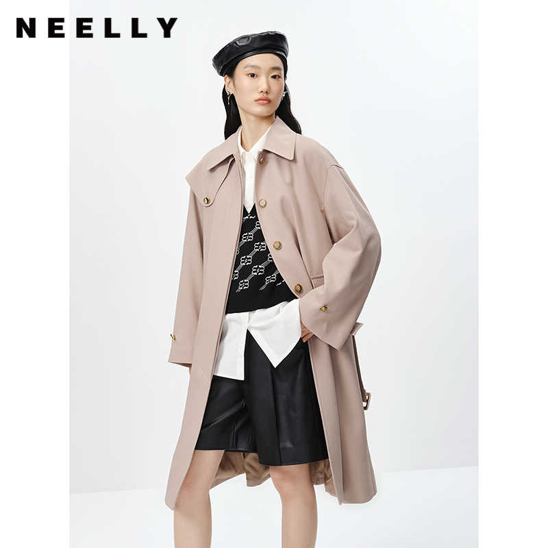 NEELLY纳俪商场同款风衣女中长款小翻领单排扣外套收腰系带大衣 N23021F01061