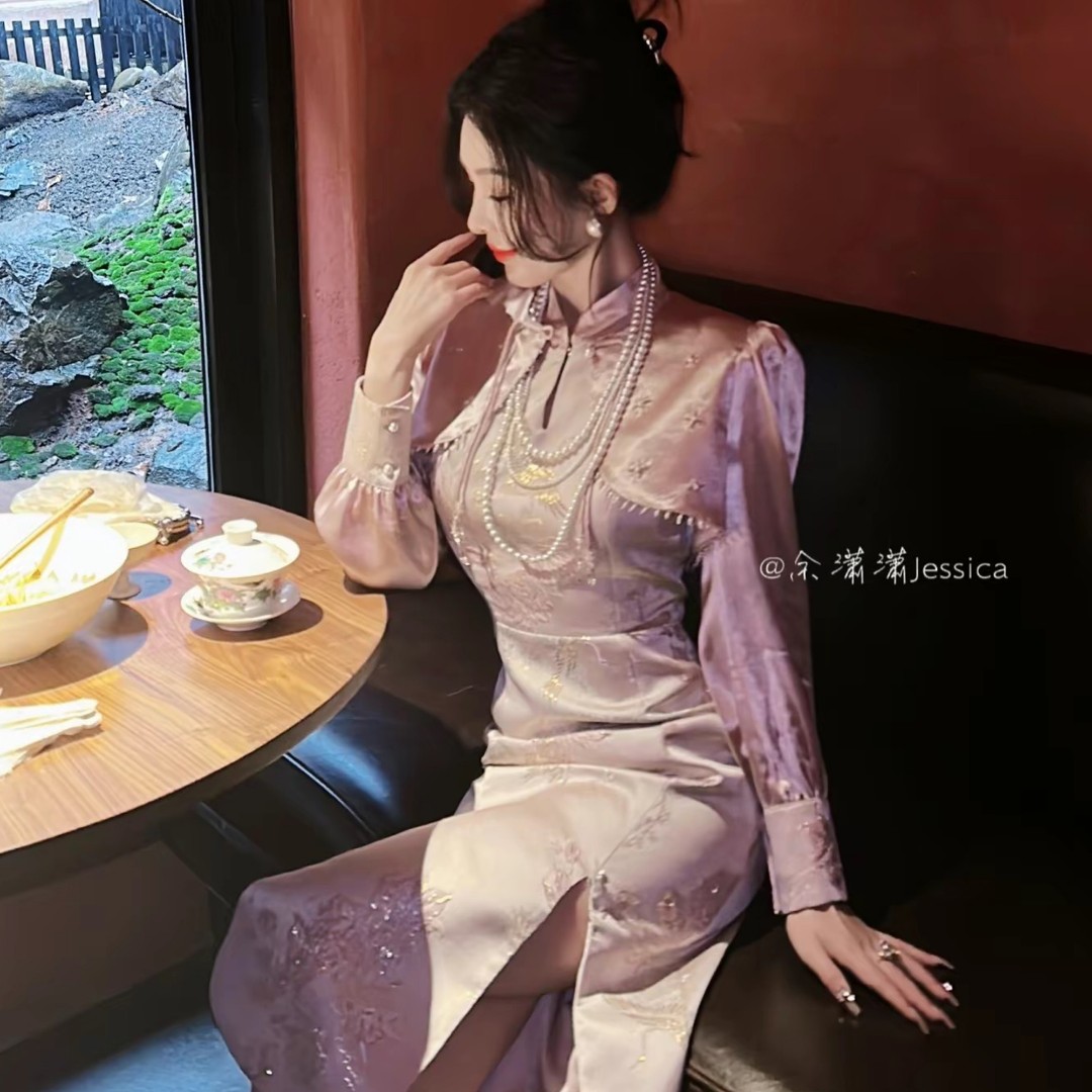 BeQueenStory【花鸟图卷】新中式手工盘扣提花连衣裙