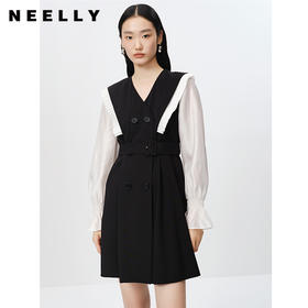 NEELLY纳俪商场同款气质木耳边连衣裙女双排扣收腰A字裙中长款N23022Y01097