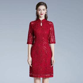 DNO-2IA8634-1网纱礼服婚宴红色小个婆婆大码连衣裙